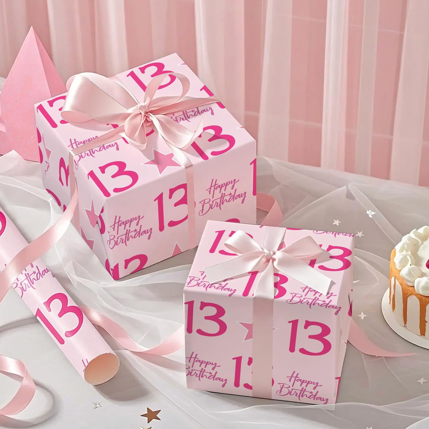 Girl 13Th Birthday Wrapping Paper - Mini Roll - 17 Inch X 16.5 Feet - Teen Girl Pink Stars With 13 Happy Birthday Design Perfect For Party, Holiday