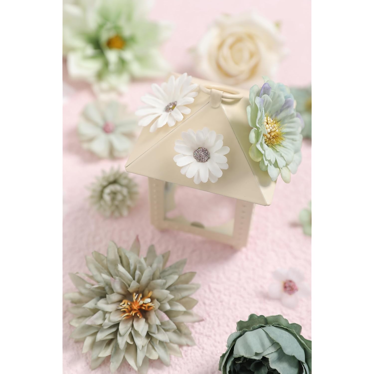 Artificial Flowers Heads Combo White Green Flowers Mix Silk Flowers Dahlia Roses For Graduation Cap Diy Cake Wedding Party Floral Arrangement Table Centerpieces Home Decorations