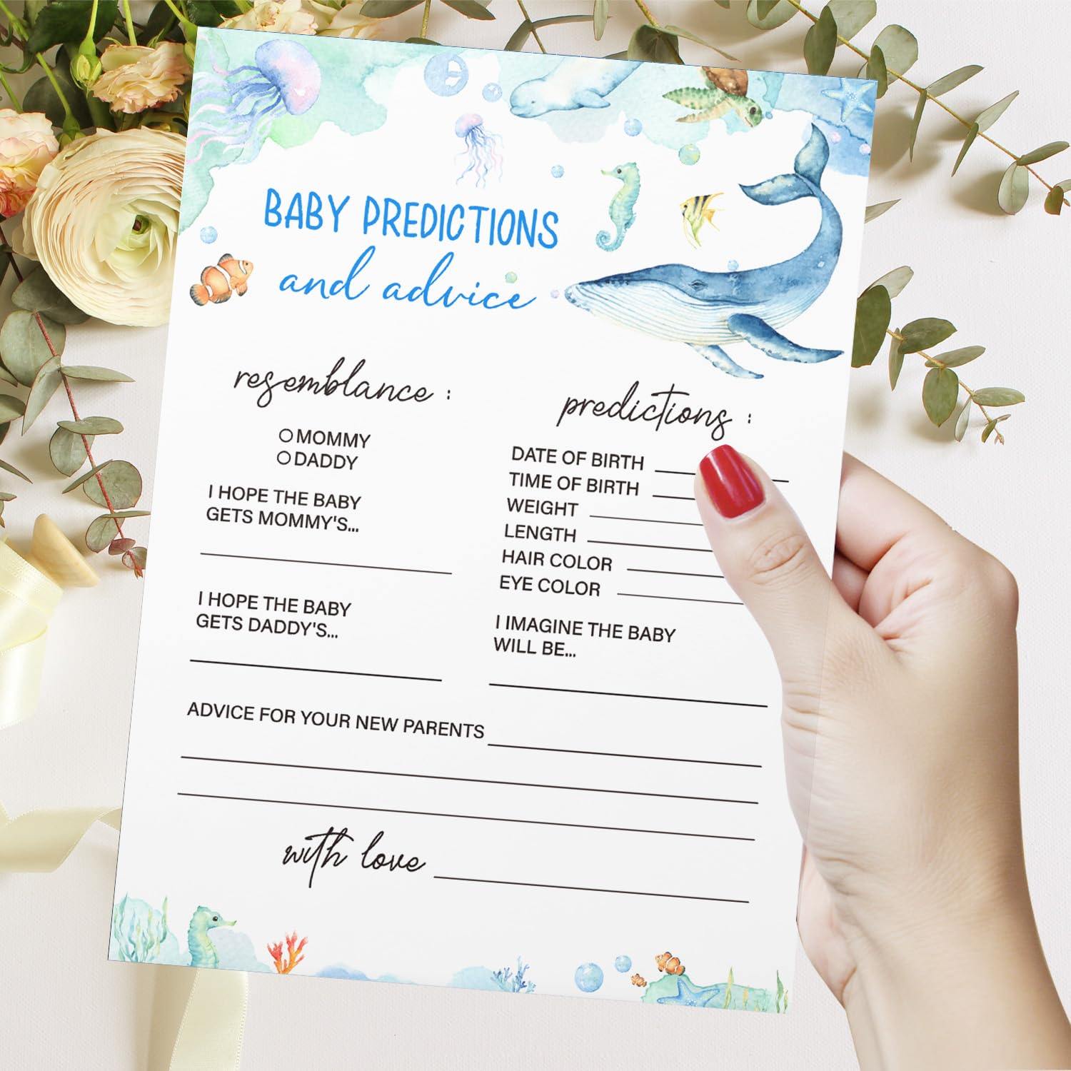 Baby Predictions & Advice For New Parents - Ocean Baby Shower Activity By Printed Party?Gender Neutral Ocean Animals Theme Baby Showers Game Set Of 50 Cards-1X