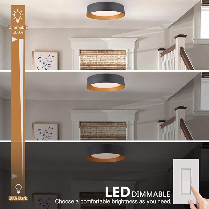 16.5 Inch Matte Black Gold LED Ceiling Light 30W Dimmable Flush Mount Fixture
