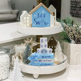Winter Table Decor Wooden Block Sign, Let It Snow Decor Blue Winter Wonderland Centerpieces For Tables, Farmhouse Tiered Tray Decorations