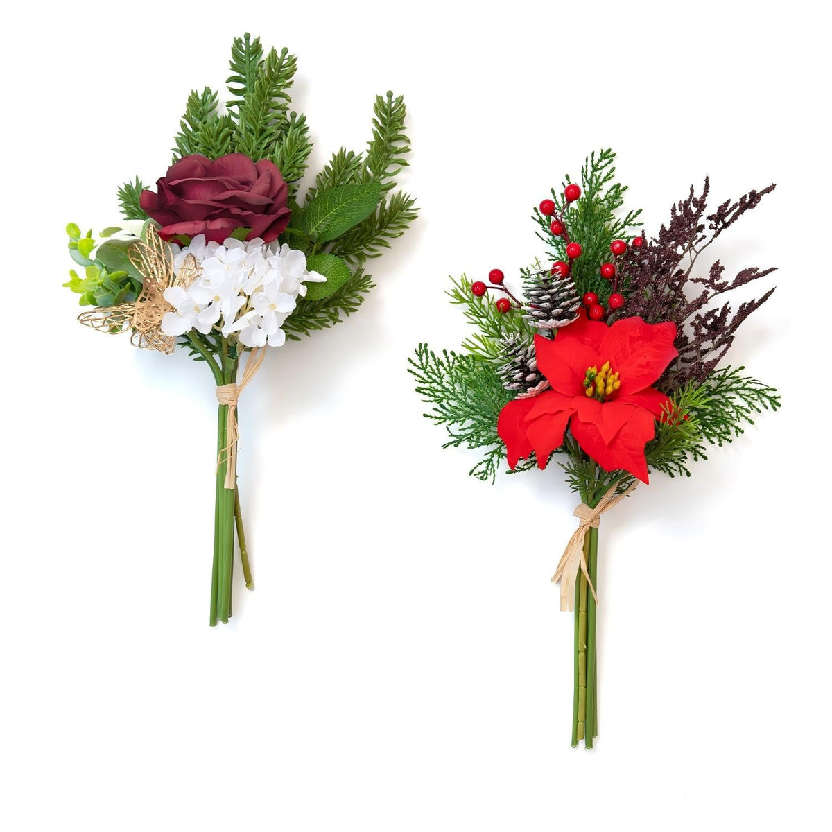 11 Pcs Artificial Christmas Flowers Bouquet Pine Branches 14" Red Poinsettias Flowers Faux Greenery Spary Stems Red Berry Pine Cones Fake Cedar Picks For Diy Crafts Tabletop Winter Home Party Decor