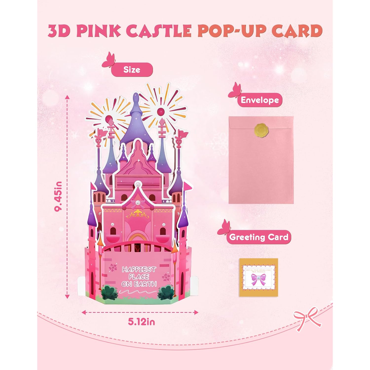 Castle Pop Up Card For Girl - 3D Valentine'S Day Card With Envelope, Happiest Place On Earth, Cartoon Decor Gifts For Kids Daughter Sister Niece Women On Birthday Valentines All Occasion
