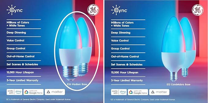 GE Smart Color Changing LED Light Bulbs WiFi Matter A19 3 Pack