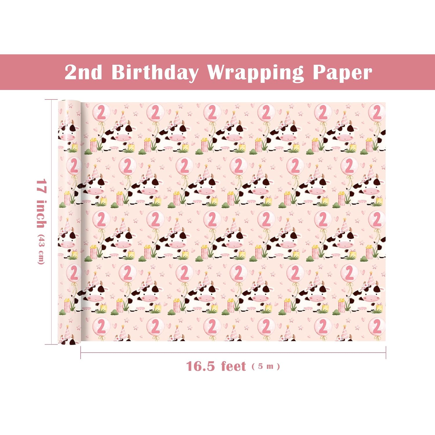 Girl 2Nd Birthday Wrapping Paper - Mini Roll - 17 Inch X 16.5 Feet - 2Nd Birthday Balloon And Cute Cow Wrapping Paper Perfect For Kids Girls, Baby Shower