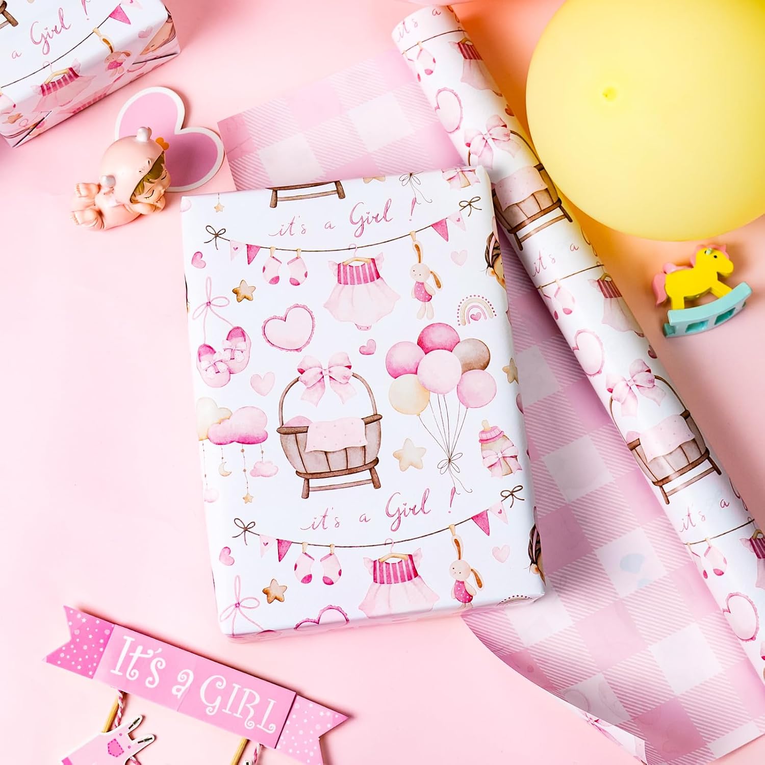 Baby Girl Wrapping Paper, Pink Wrapping Paper For Baby Shower, Cute Plaid & It'S A Girl Gift Wrap For 1St Birthday, Princess Party Celebrations, Kids Holiday (Mini Roll, 17 In X 33 Ft)