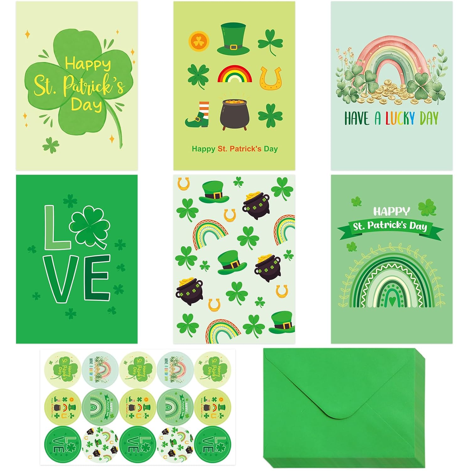 Treasure Cove St. Patrick's Day Cards Set Green Shamrock Greeting Cards with Envelopes and Stickers for Irish Holiday Supplies 12 Pcs