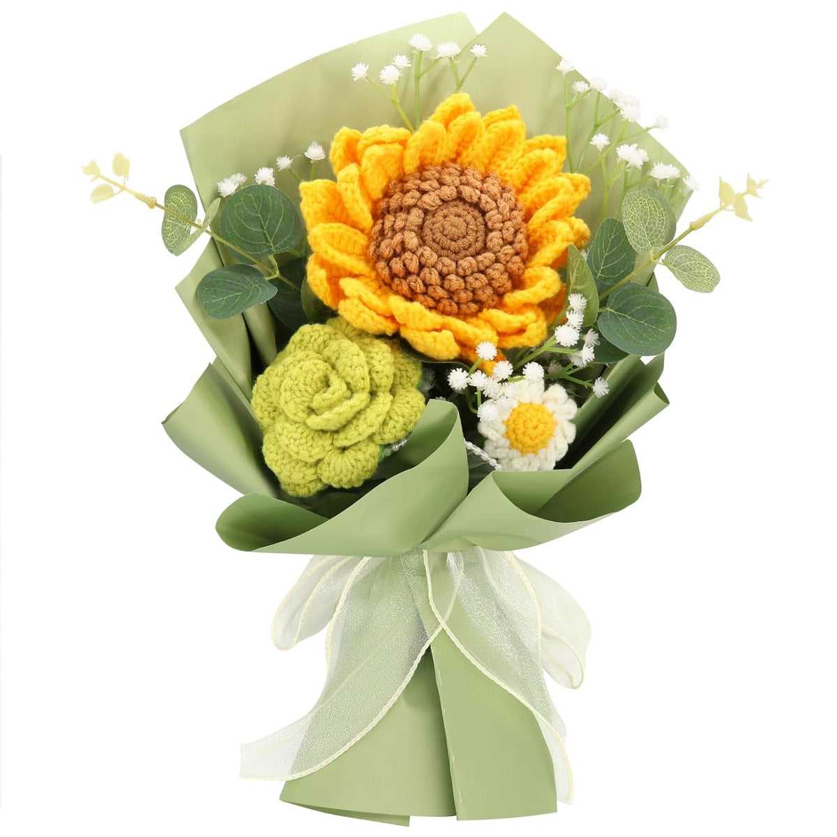 Handmade Crochet Sunflowers Rose Daisy As A Gift For Lover, Family,Friends. Crochet Bouquet, Crocheted Yarn Flowers, Artificial Flower Finished Bouquet (Yellow&Brown)
