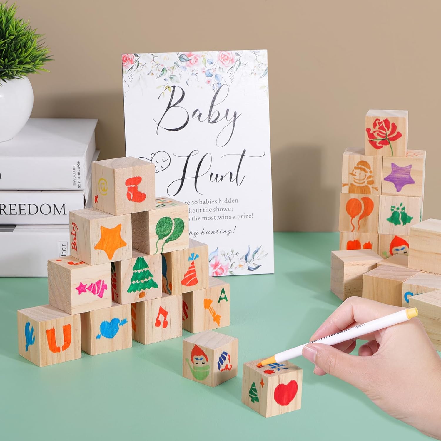 80Pc Baby Shower Guest Book Alternative - Diy Wood Block Decorating Kit For Nursery Decor - 50 Cubes, 24 Markers, Sign & 5 Stencils - Creative Keepsake For Gender Reveal & Party Activity