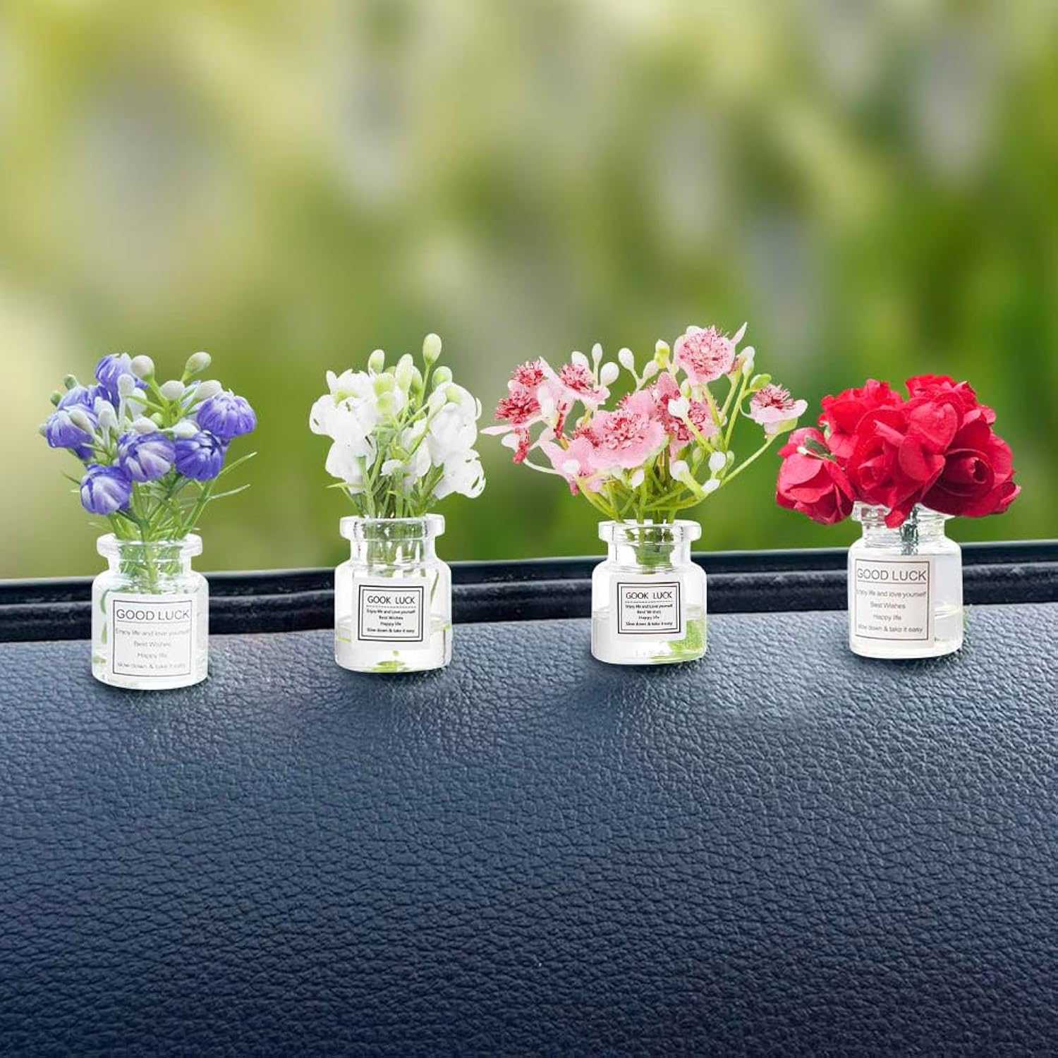 Set Of 4 Cute Mini Rose Flower Vase Car Dashboard Decorations Self-Adhesive Mini Vase With Artificial Flowers Ornaments Car Interior Accessories,Jasmine+Cherry Blossom+Rose+Lavender