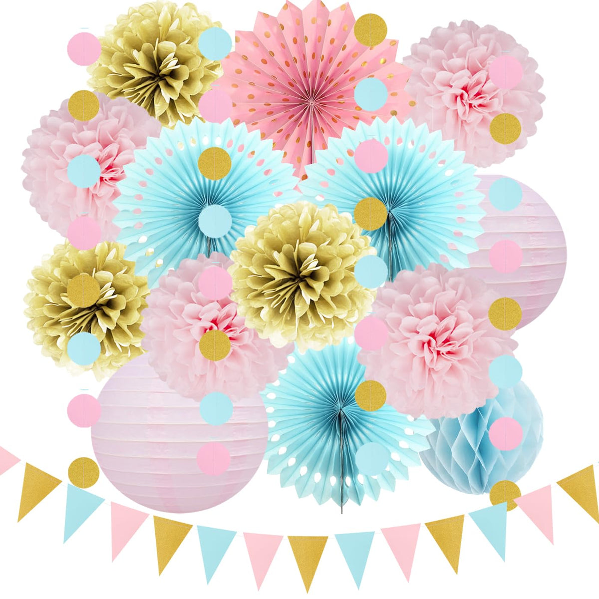 Gold Blue Pink Gender-Reveal Decorations – Tissue Pom Poms Paper Fans Garland Streamers Birthday Party Banner Baby Bridal Shower Wedding Graduation Bachelorette Engagement Hanging Decor