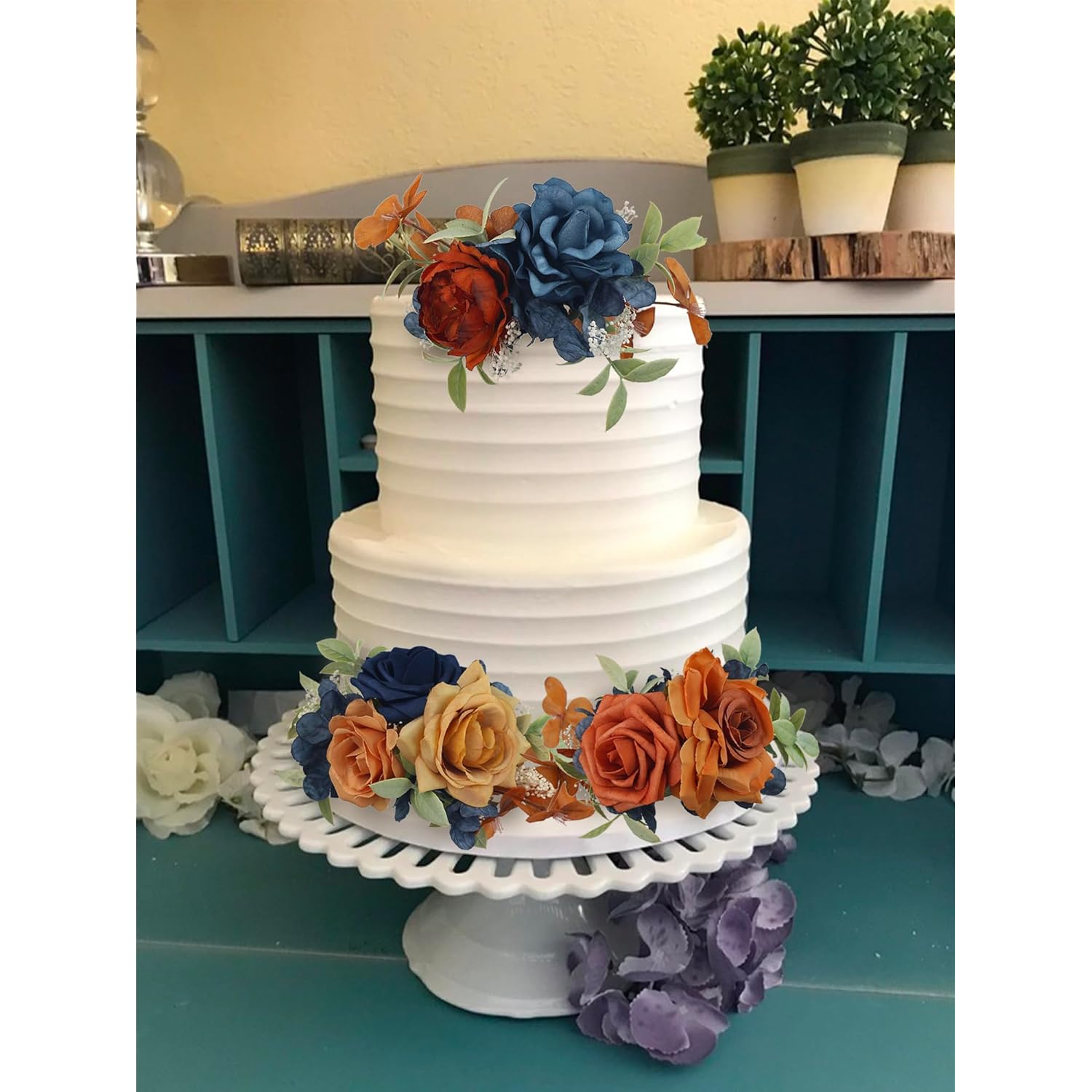 3Pcs Pre-Made Artificial Cake Flowers Navy Blue Terracotta Cake Decorations Boho Fall Wedding Cake Decorating Flowers Decor Birthday Baptism Party Burnt Orange Cake Toppers