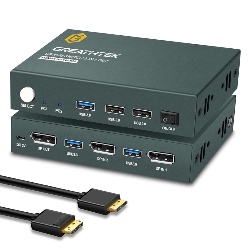 Usb 3.0 Kvm Switch Displayport 2 Port 4K@60Hz, Dp Kvm With Usb 3.0 & Usb 2.0 P