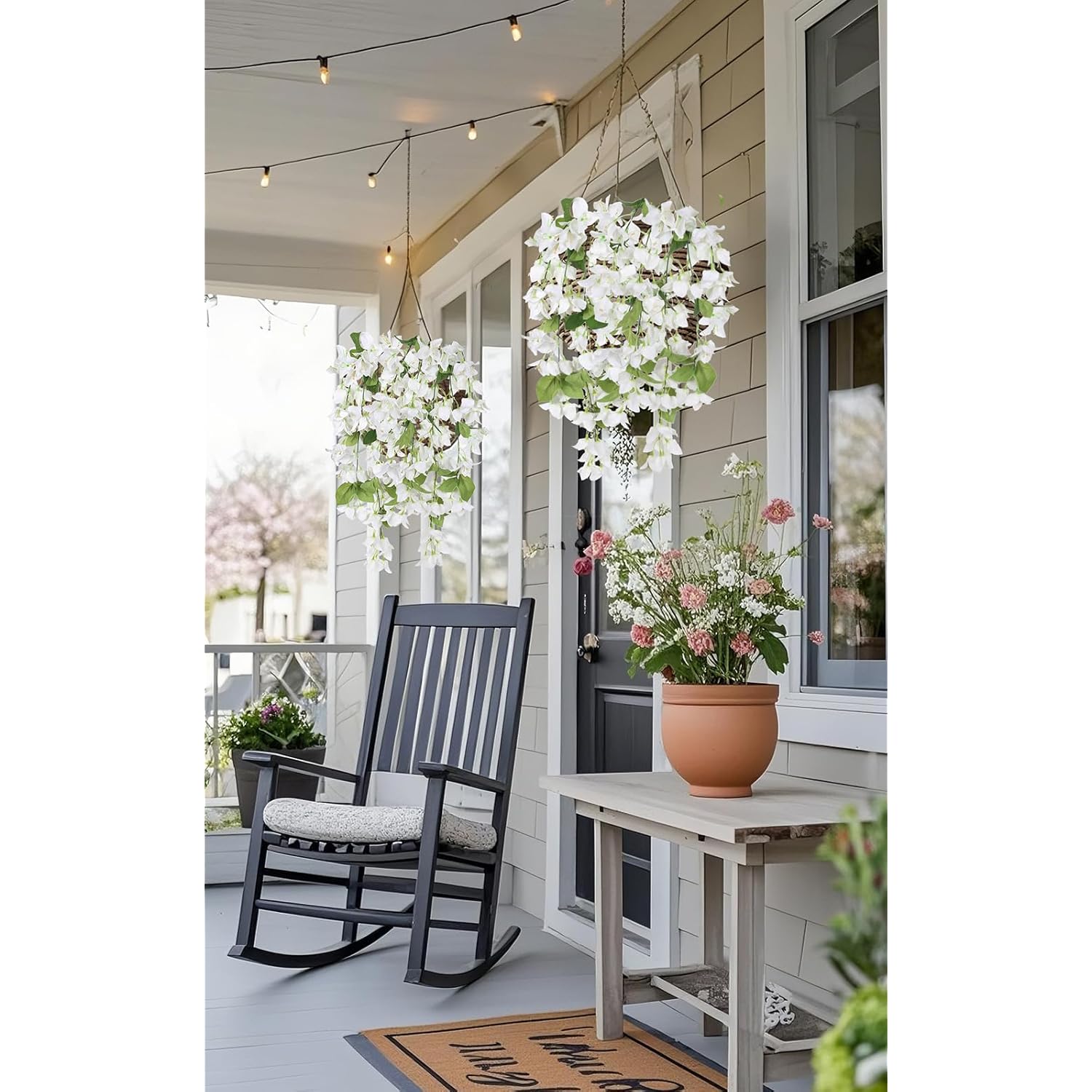 Artificial Bougainvillea Hanging Flowers 2Pcs Uv Resistant Fake Silk Bougainvillea Plant Vine Faux Flowers For Garden Yard Porch Patio Wedding Wall Home Outdoor Decor (White)