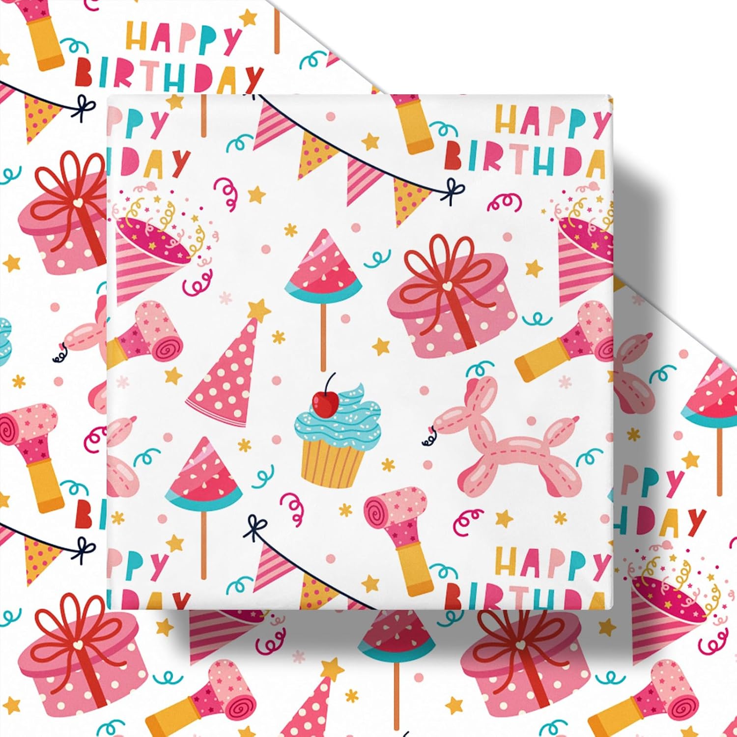 Birthday Wrapping Paper Roll For Girls, Mini Roll, Pink Balloon Dog, Gift Box And Party Hat Design Gift Wrap With Happy Birthday Text For Kids' Party Celebrations, 17 Inches X 16.4 Feet
