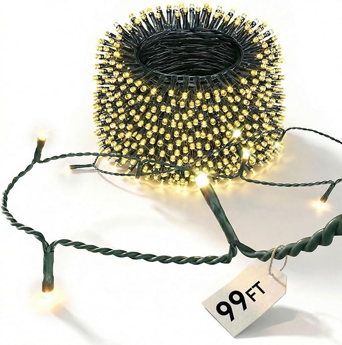 99FT 300 LED Warm White String Lights Outdoor Indoor Waterproof Christmas Lights with 8 Modes Timer & Memory Green Wire for Xmas Tree Party Garden Decor