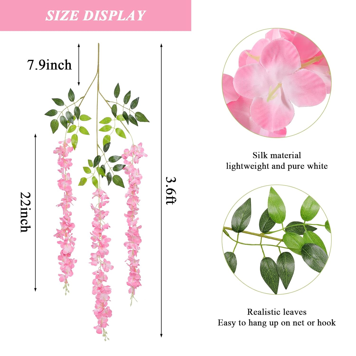 Wisteria Hanging Flowers 24 Pack Fake Flower Garland Artificial Wisteria Vines Rattan Silk Flower String Wedding Party Wall Decorations,Pink