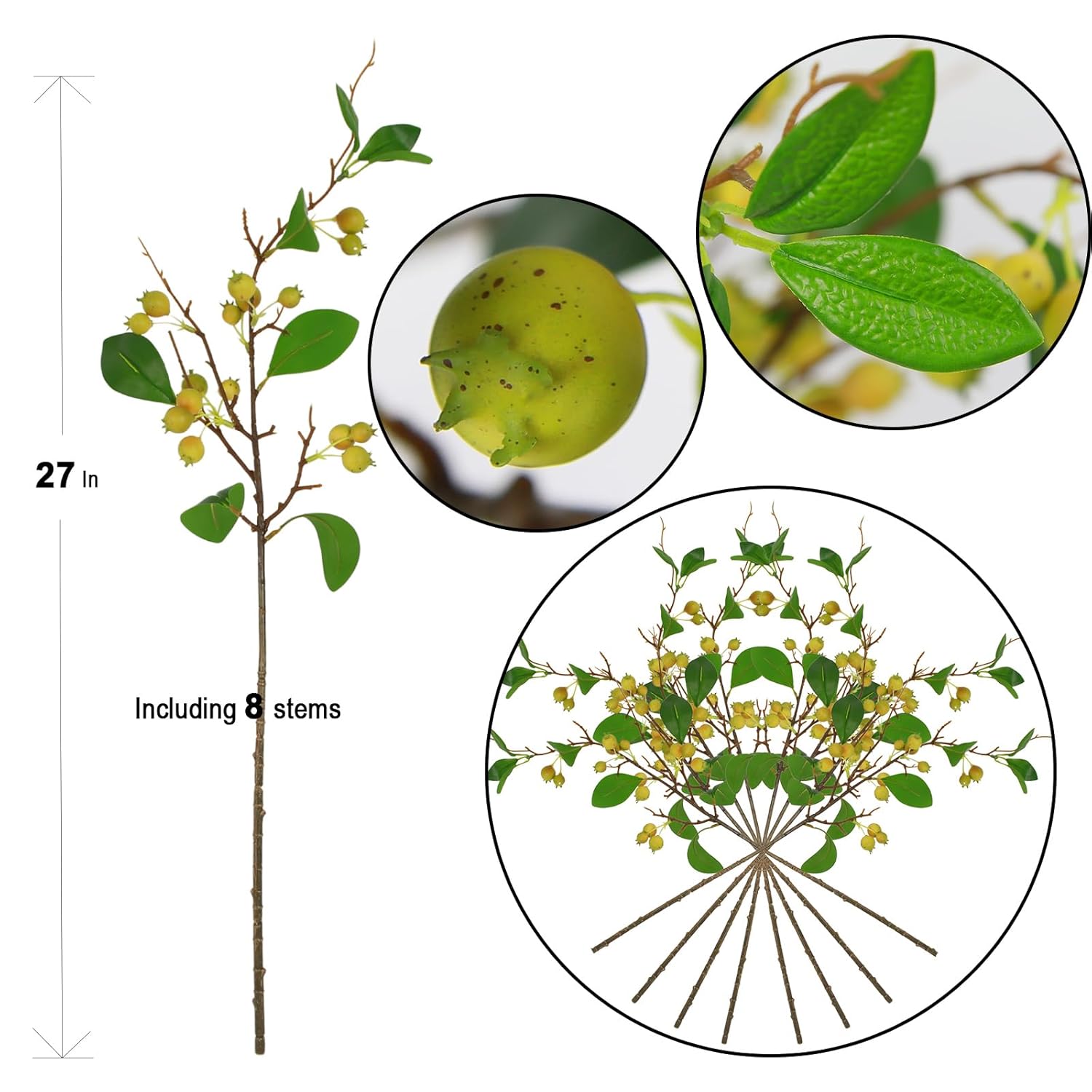 Artificial Plants Simulation Flowers Faux Berries Lifelike Hawthorn Branches For Vases- 8 Pcs -Light Green