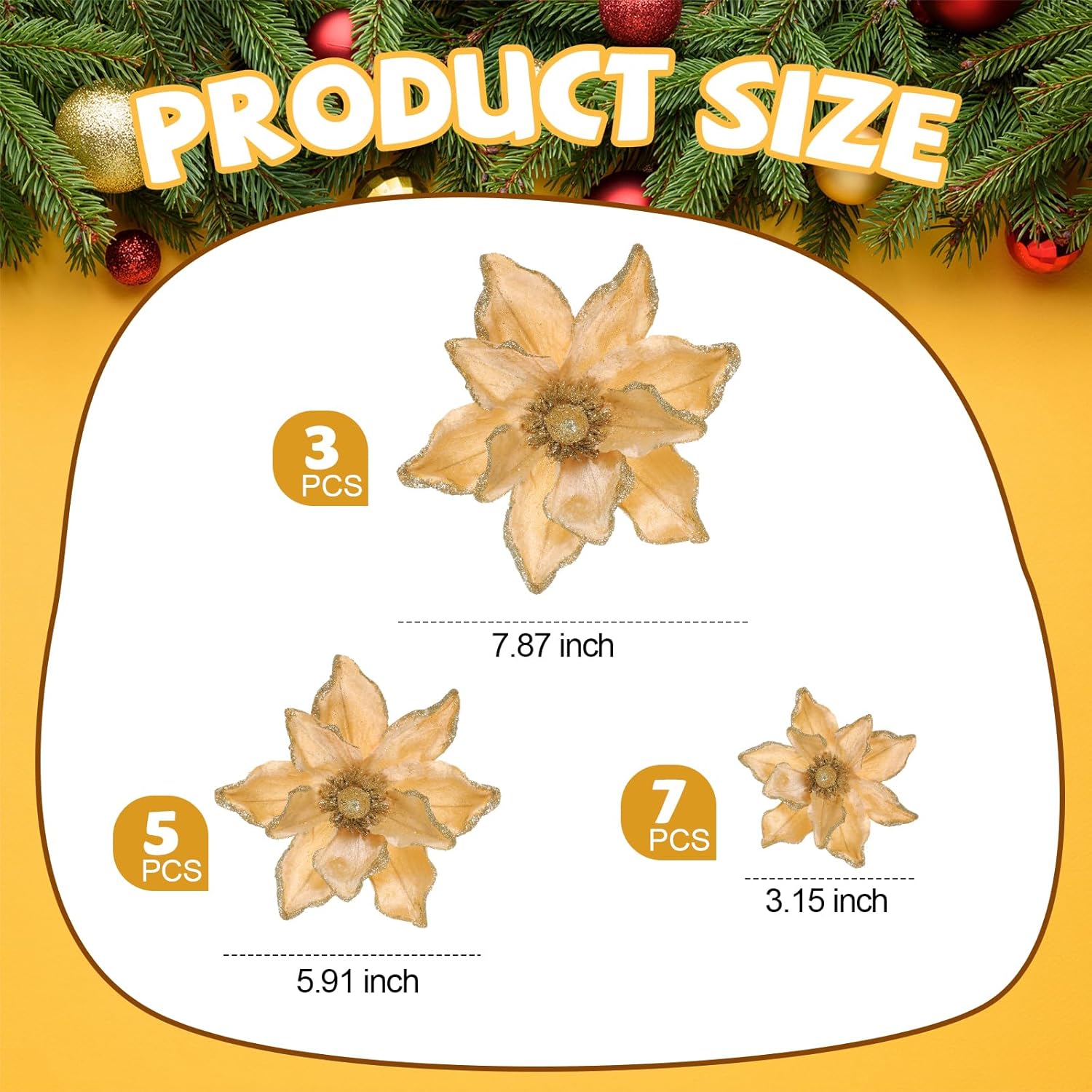 15 Pcs Velvet Christmas Magnolia Flowers In 3 Size Glitter Artificial Flower Christmas Tree Ornament With Stem For Xmas Tree Wreath Garland Wedding Decor(Gold)