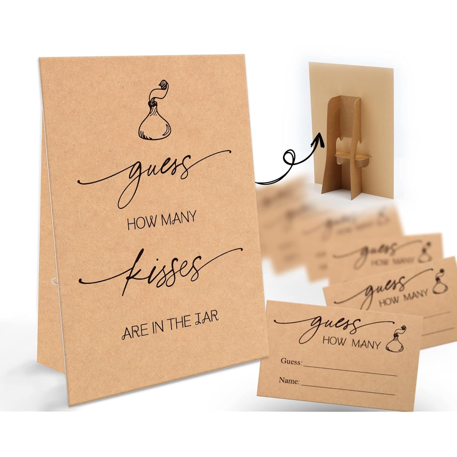 How Many Kisses Are In The Jar Game-1 Standing Sign And 50 Guessing Cards, Kraft Bridal Shower Games, Baby Shower Sign, For Boys Girls Baby Shower Favors And Weddings Party Decoration-21