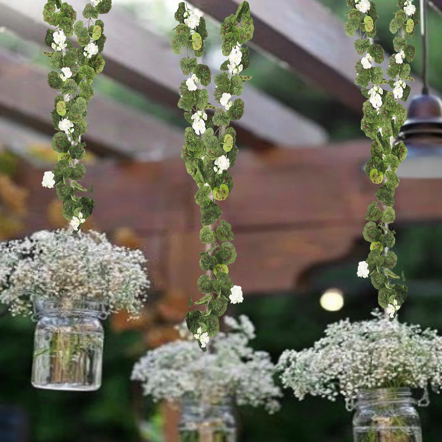 2 Pcs Spring Summer Flower Garland Geranium Artificial Garland Outdoors White Geranium Artificial Flowers Uv Resistant Hanging Basket Floral Garland For Porch Farmhouse Centerpiece Decor