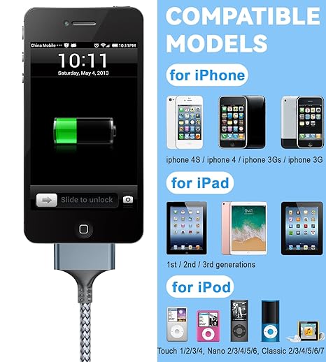 USB to 30 Pin Charger Cable 3.3FT Nylon Braided Charging Cord for iPhone 4 4S iPad iPod