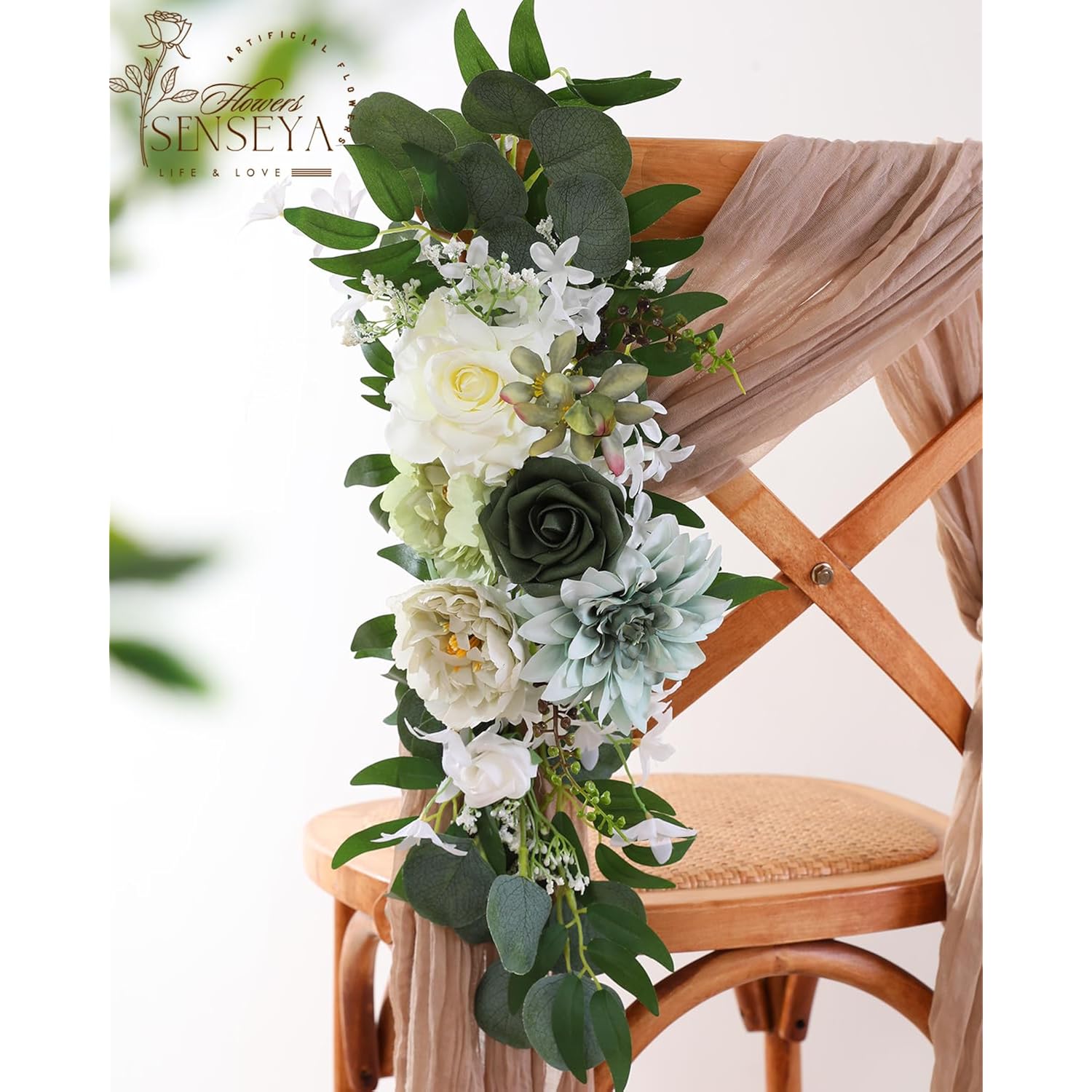 Artificial Flowers Combo Set, Green Silk Roses, Peonies, Dahlias With Stems For Diy Wedding Bouquets, Baby Shower, Table Centerpieces, Home Decor, Fake Floral Arrangements, Party Decorations