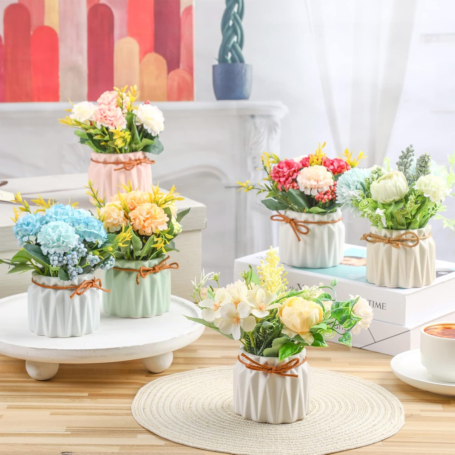 6 Pieces Artificial Hydrangea Flowers With Vase Faux Hydrangea Flowers Plastic Hydrangea Bouquet With Small Ceramic Vase Fake Hydrangea Flower Potted For Home Office Party Festival Wedding Table