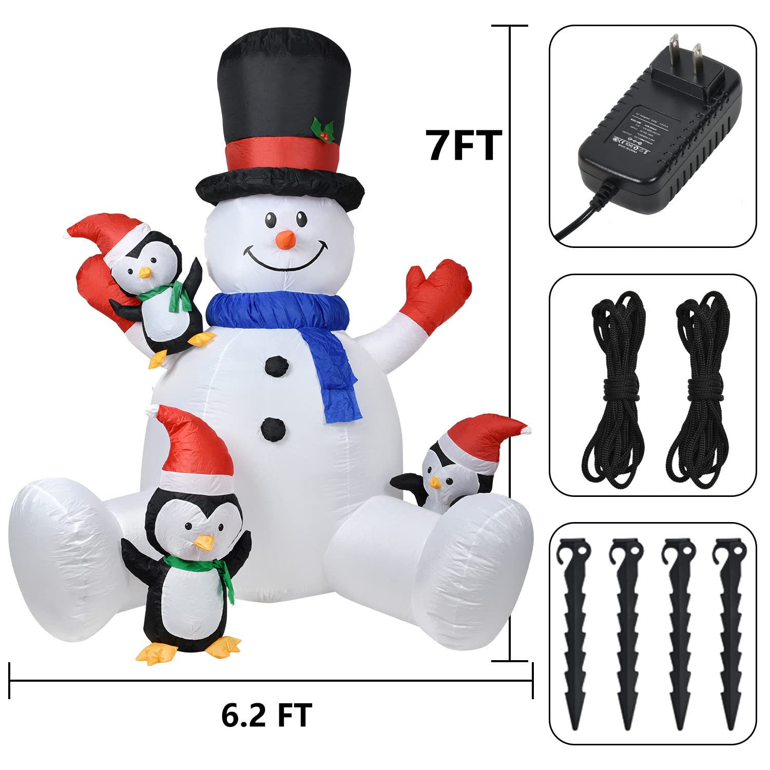 7Ft Lighted Christmas Inflatable Snowman With Three Cute Penguins Build-In Led Lights, Holiday Blow Up Outdoor Yard Deco