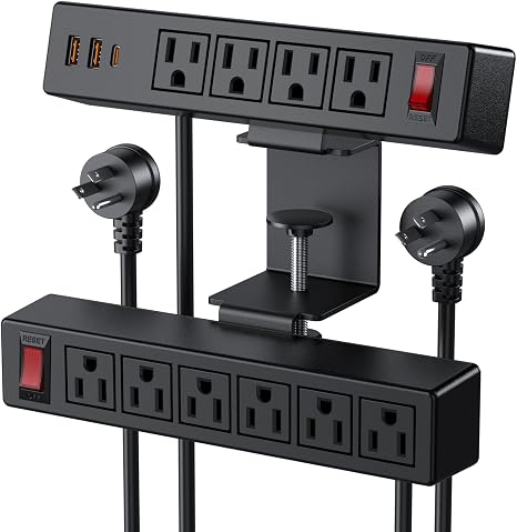 Dual Layer Desk Clamp Power Strip 10 Outlets 20W USB C 6FT Cord 700J Surge Black