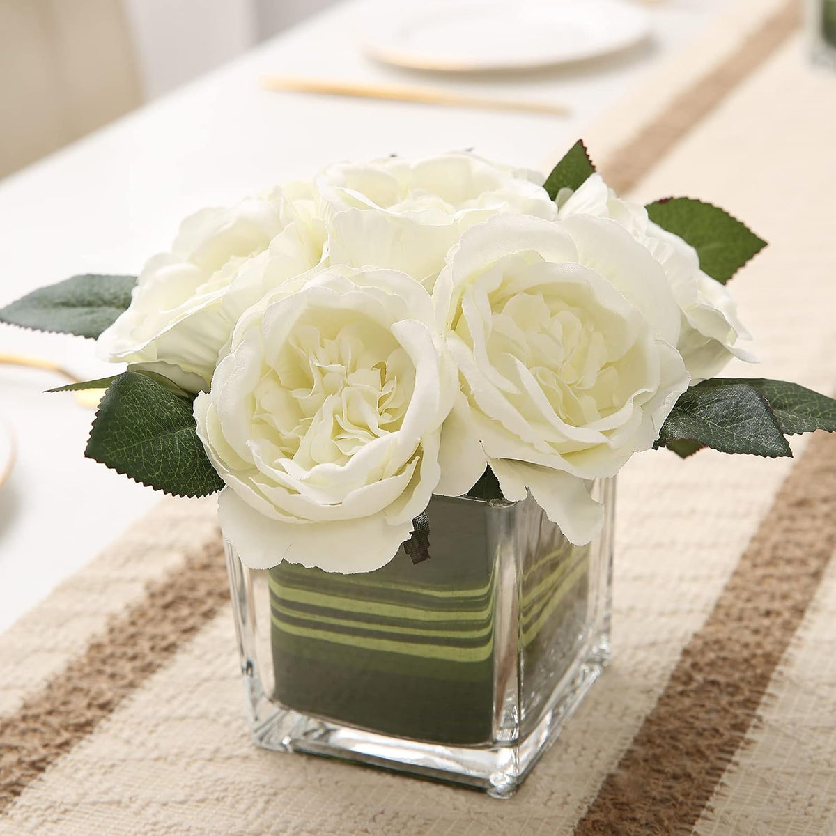 Artificial Peony Silk Flower Centerpieces Faux Floral Arrangement In Glass Vase For Home Wedding Table Decoration (Cream)