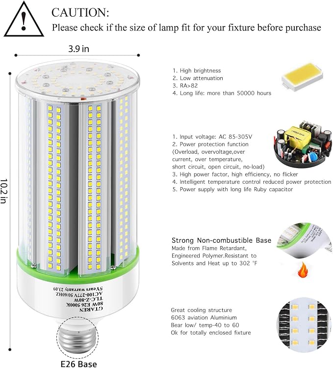 2 Pack 80W LED Corn Light Bulbs E26 E39 Base 5000K Daylight AC110-277V Metal Halide HID CFL Replacement
