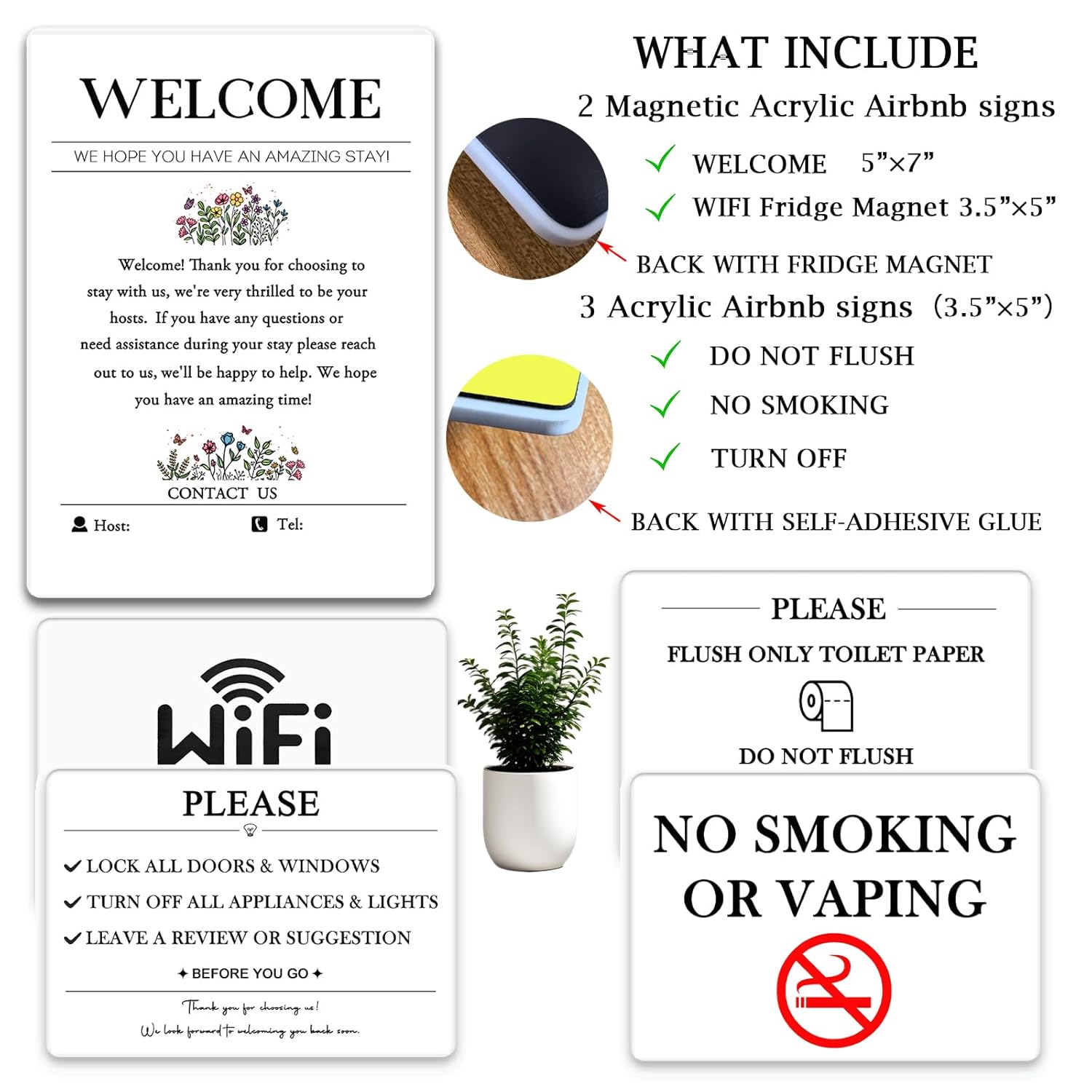 5 Acrylic Air Bnb Sign Bundle, Magnetic Welcome Signs | Wifi Password Fridge Magnet, House Rules – Do Not Flush For Bathroom Toilet Guests | No Smoking Signage | Str Host | Rental Home | Vrbo Signs