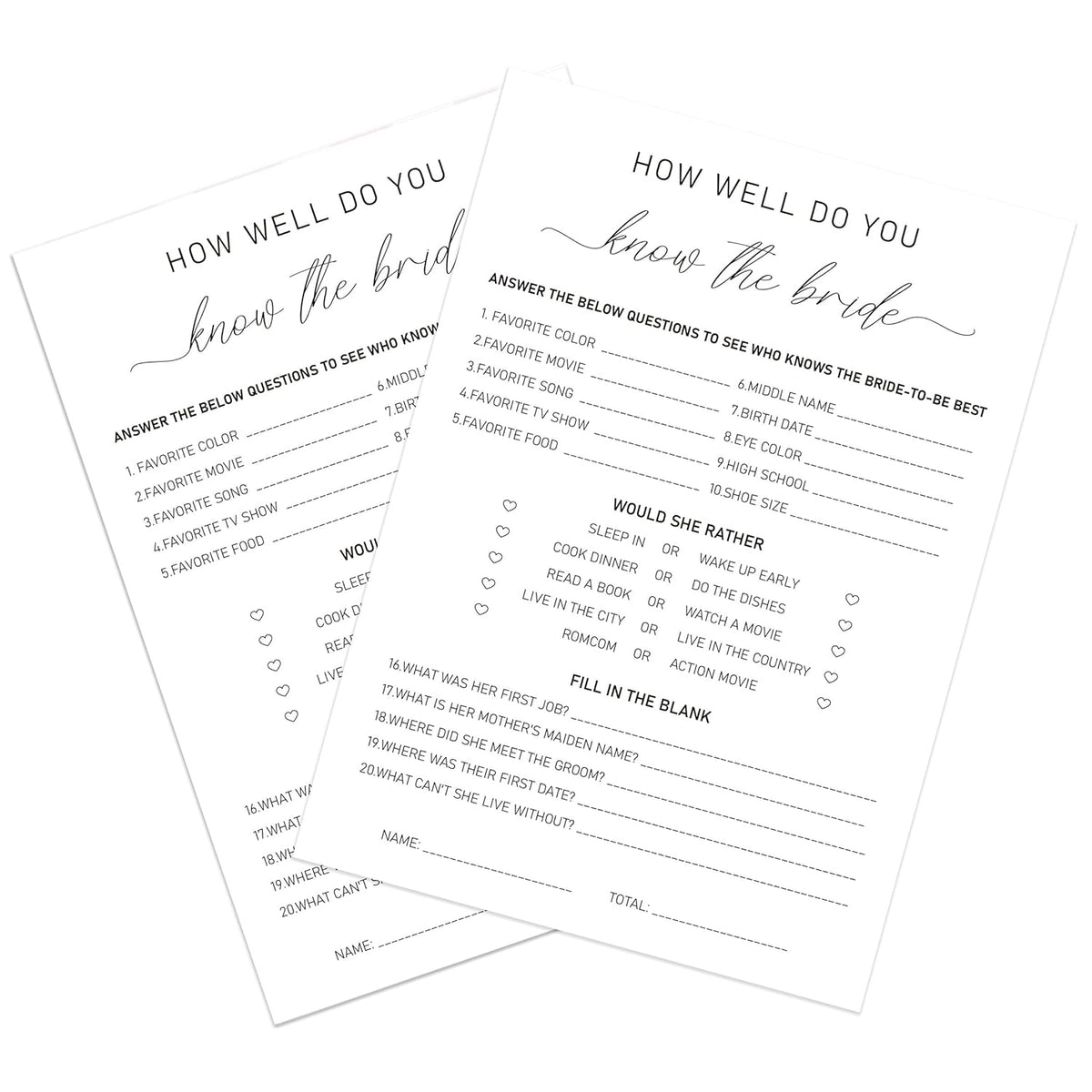 How Well Do You Know The Bride Game, Bridal Shower Questionnaire Cards, Who Knows The Bride Best, Minimalist Wedding Game, Bridal Shower Games, Bachelorette Party Games -Wktb01