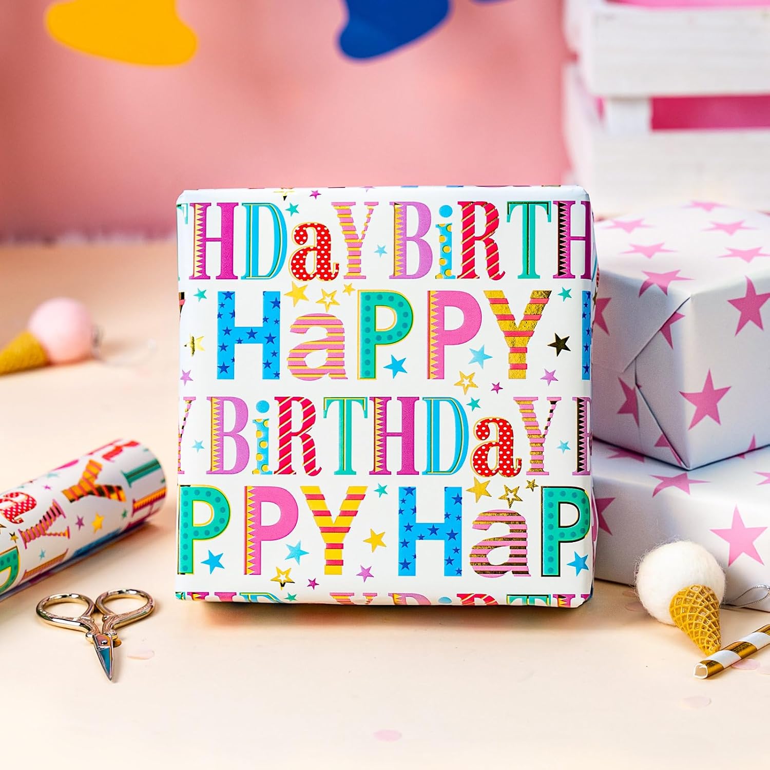 Birthday Wrapping Paper Roll - Colorful Happy Birthday Letters With Metallic Foil Shine & Pink Stars Reversible Gift Wrap For Baby Shower, Party, Holiday - Mini Roll - 17 Inch X 16.5 Feet