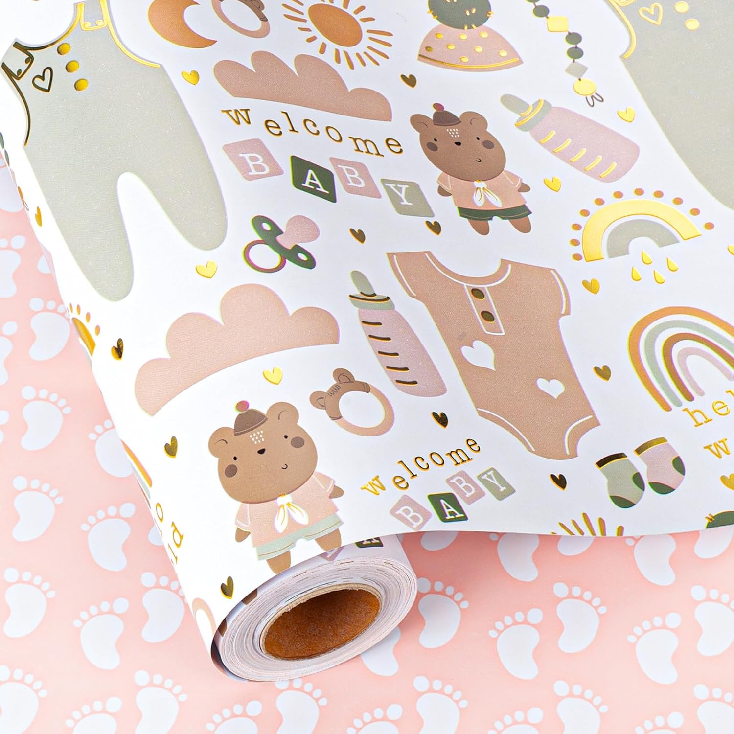 Reversible Baby Shower Wrapping Paper Roll, Gender Neutral Baby Wrapping Paper, Metallic Foil Newborn Clothes, Bottle And Rainbow Gift Wrap For Boys Or Girls, 1St Birthday(17 In X 33 Ft)