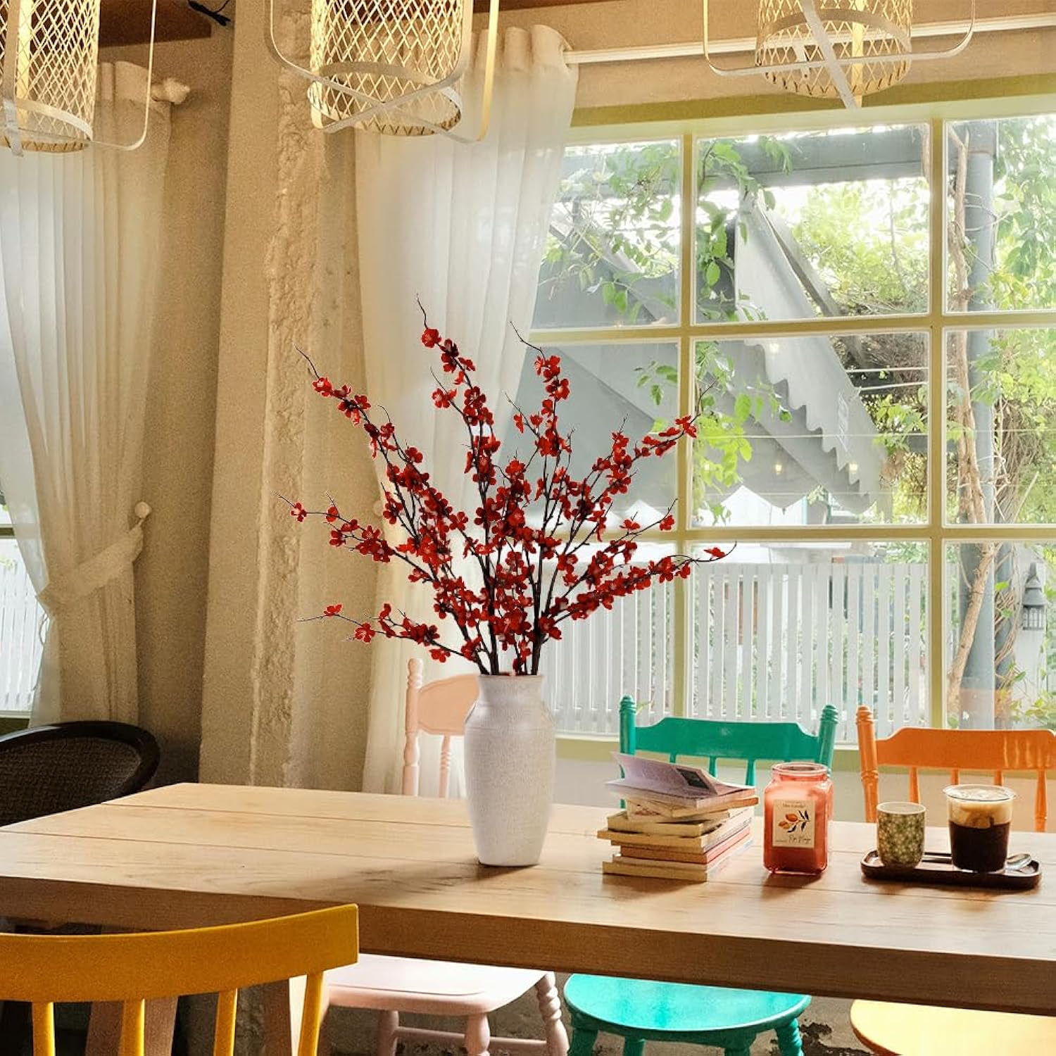 4Pcs Cherry Blossom Flowers Artificial, Fake Silk Cherry Blossom Branches Tall Peach Blossom Flower Stems Arrangement For Wedding Home Office Party Decoration (Red-2)