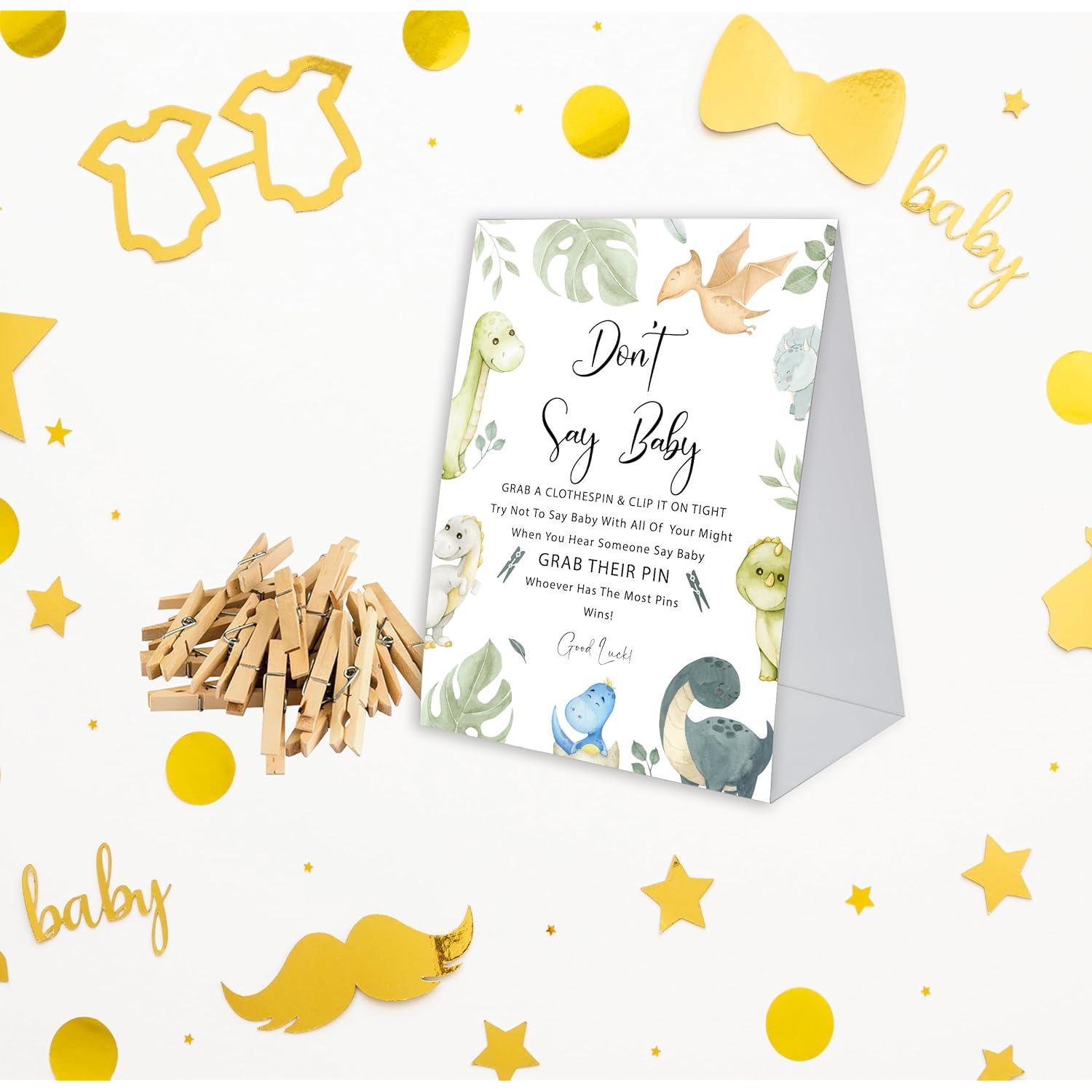 Don'T Say Baby Game For Baby Shower, 50 Wooden Clothespins And One Sign, Cartoon Dinosaur Theme, Pins For Baby Shower Decorations, Gender Reveal Games, Baby Shower Supplies-Bb27