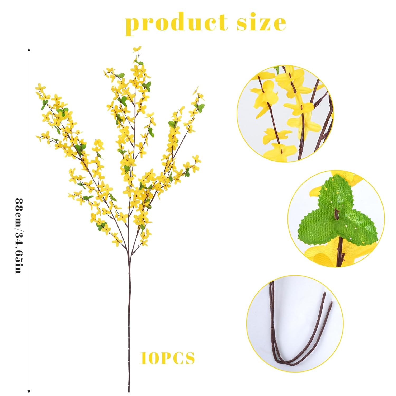 10Pcs 34.65'' Artificial Forsythia Branches Yellow Flowers Fake Forsythia Blossom Long Stems Fake Winter Jasmine Cemetery Flowers For Home Table Wedding Graveyard Indoor Outdoor Decor