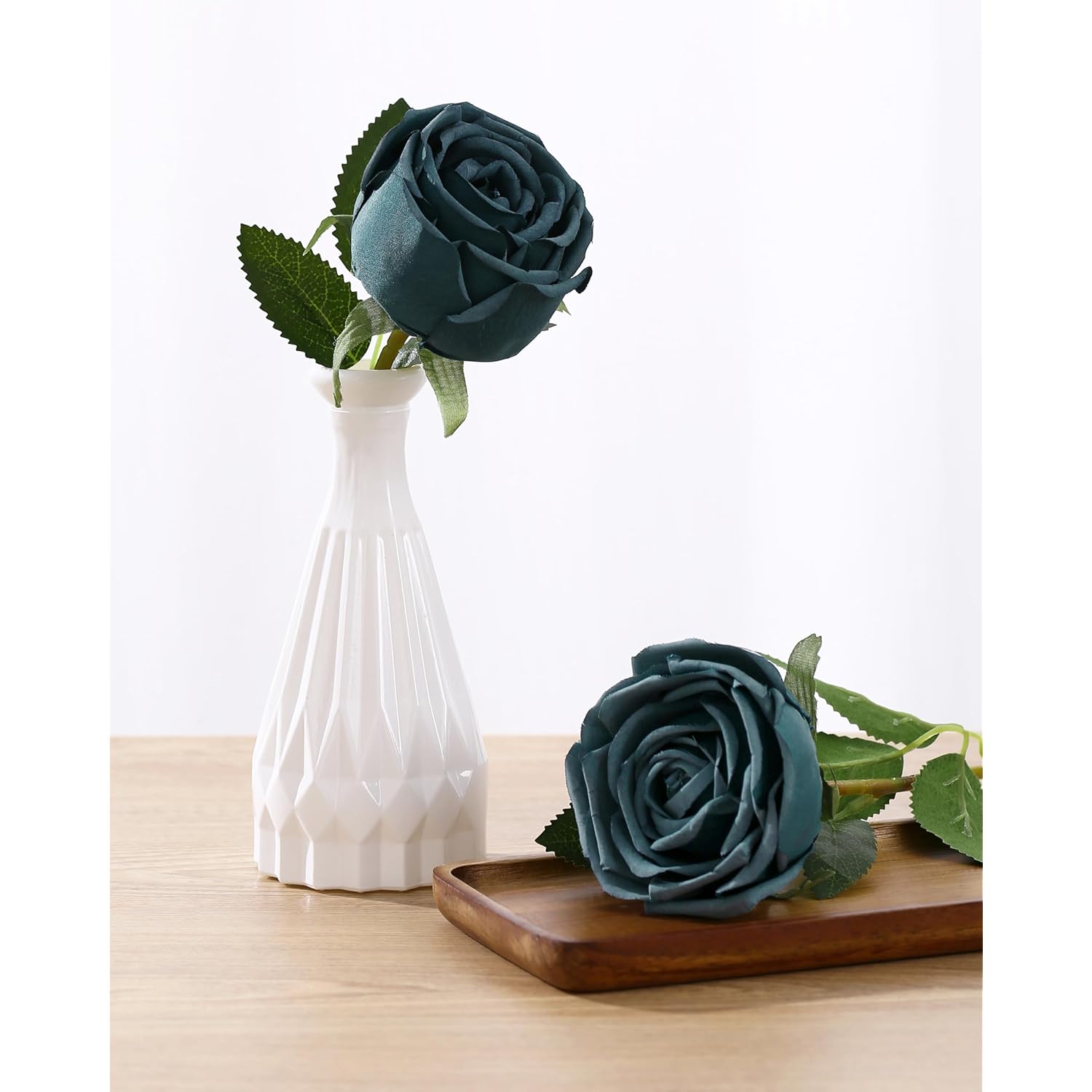 10Pcs Fake Roses Artificial Silk Flowers Faux Rose Flower Long Stems Bouquet For Arrangement Wedding Centerpiece Party Home Kitchen Decor(Peacock Blue)