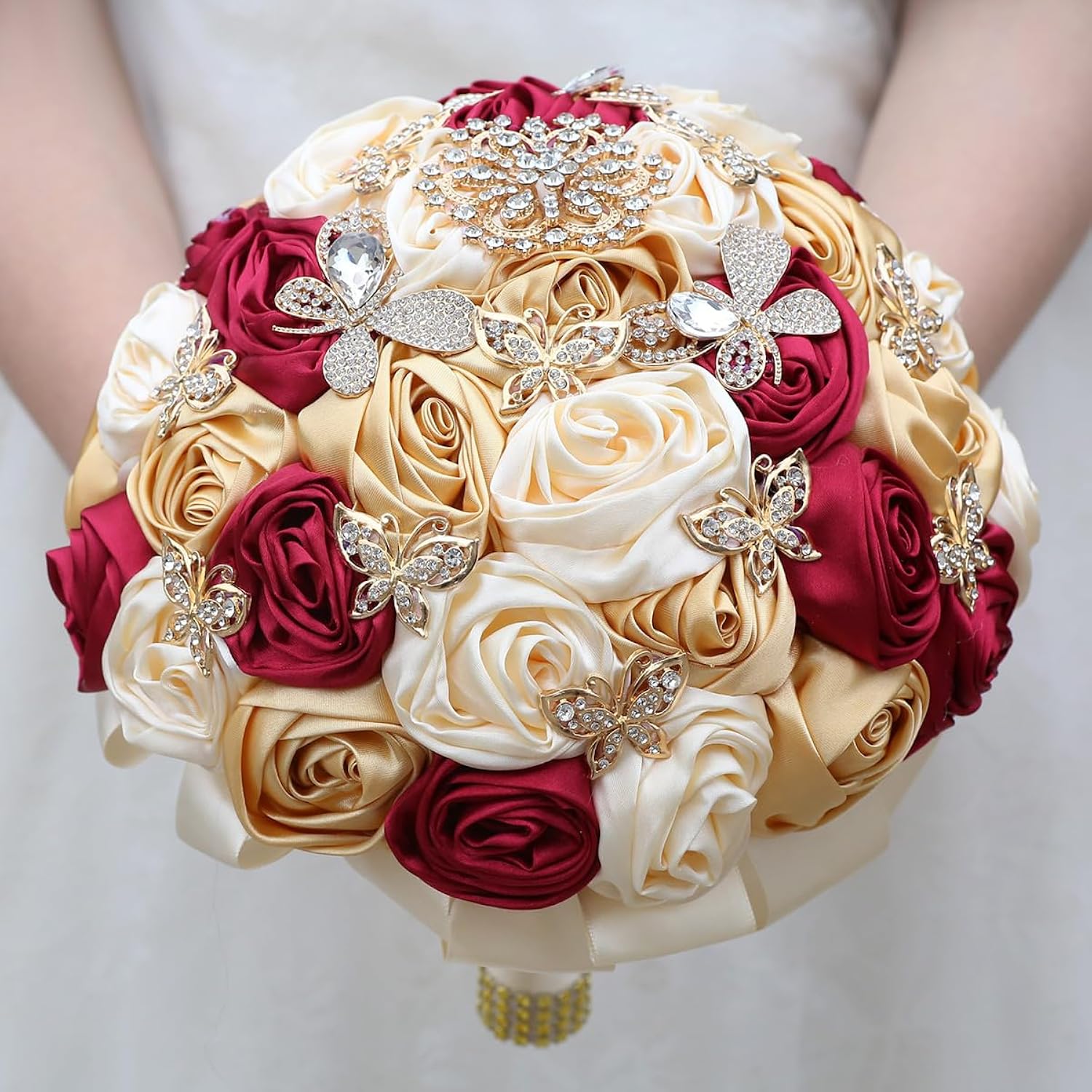 Handmade Floral Satin Rose Butterfly Shape Rhinestone Bridal Bouquet Luxury Golden Rhinestone Artificial Flowers For Wedding