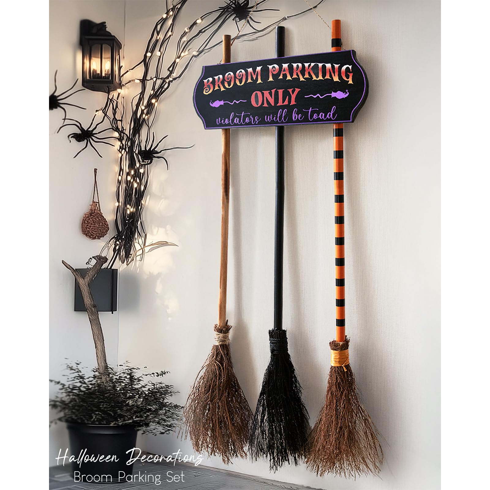 Halloween Decorations - Broom Parking Sign with 3 Wooden Witches Brooms