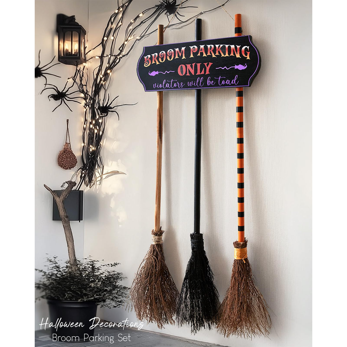 Halloween Decorations - Broom Parking Sign with 3 Wooden Witches Brooms