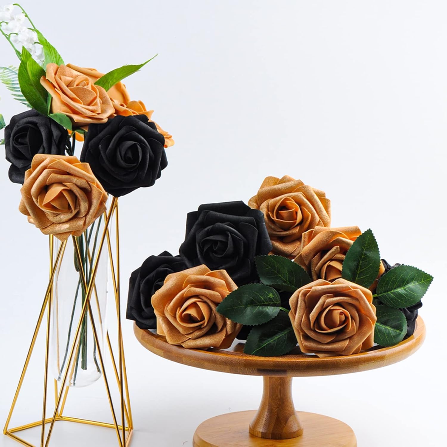 Black And Gold Flowers Artificial Roses For Centerpieces, 50Pcs Fake Flowers For Wedding Decorations Bouquets Bride Shower Centerpieces Home Decor Arrangements Party