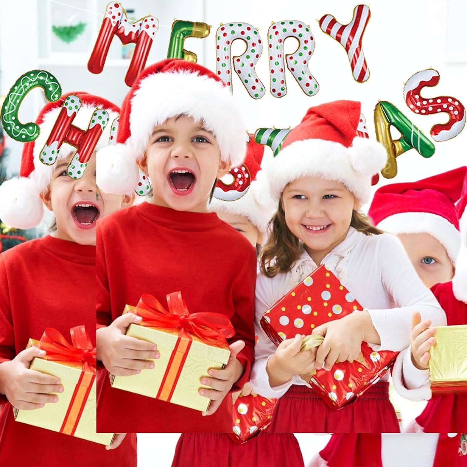 Merry Christmas Balloon Banner - 16 Inch Red, Green, Gold Foil Sign For Christmas Party And Theme Birthday Decorations