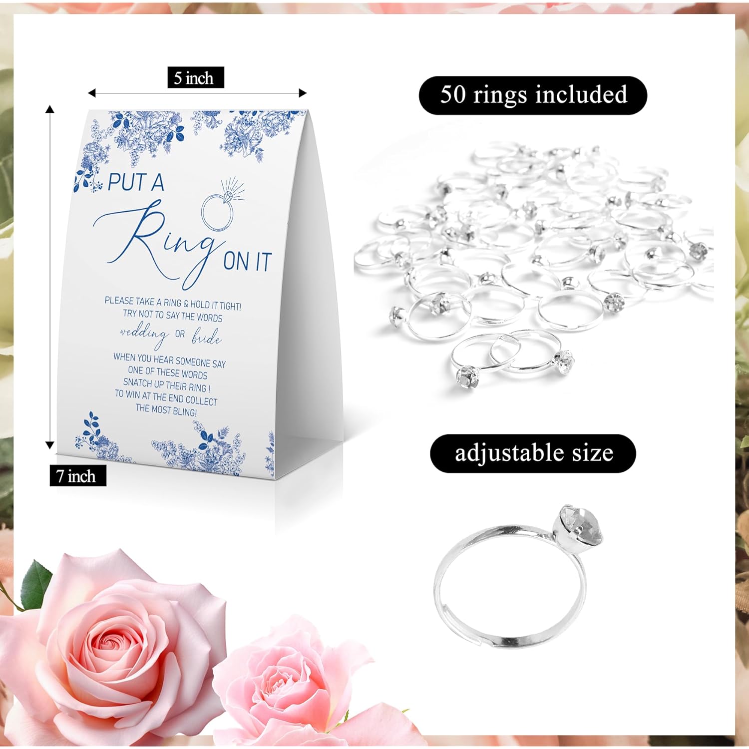 Put A Ring On It Bridal Shower Game, Don'T Say Bride Ring Game, Something Blue Before I Do Decorations, Blue Floral Sign With 50 Fake Rings, Wedding Shower Games 50 Guests -Rgput04