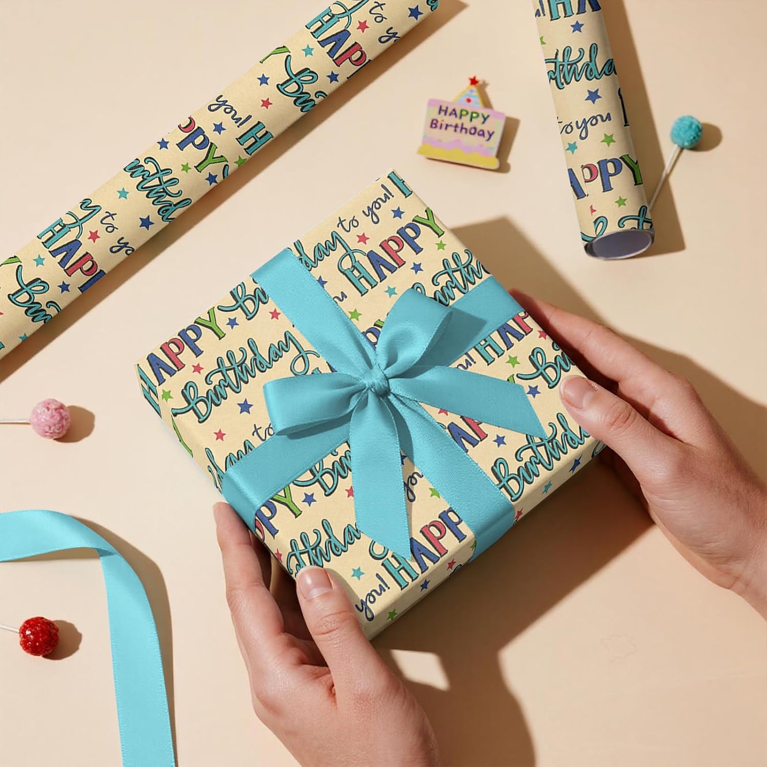 Birthday Wrapping Paper Roll, Mini Roll, Colorful Happy Birthday Lettering And Star Design, Blue Kraft Gift Wrap Paper For Boys, Girls, Men And Women, 17 Inches X 16.4 Feet