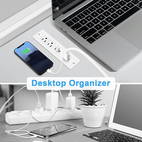 Recessed Power Strip USB C 20W Flush Mount Outlet 3 Outlets 3 USB 6FT Flat Cord White
