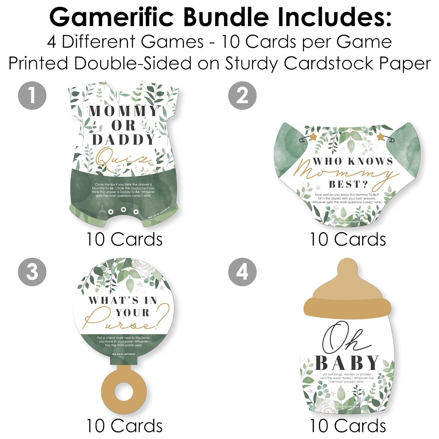 Big Dot of Happiness Boho Botanical Baby Shower Game Pack, 4 Unique Games, 10 Double-Sided Cards Each - Quiz, Facts, Purse Search, Wishes, Quality Design