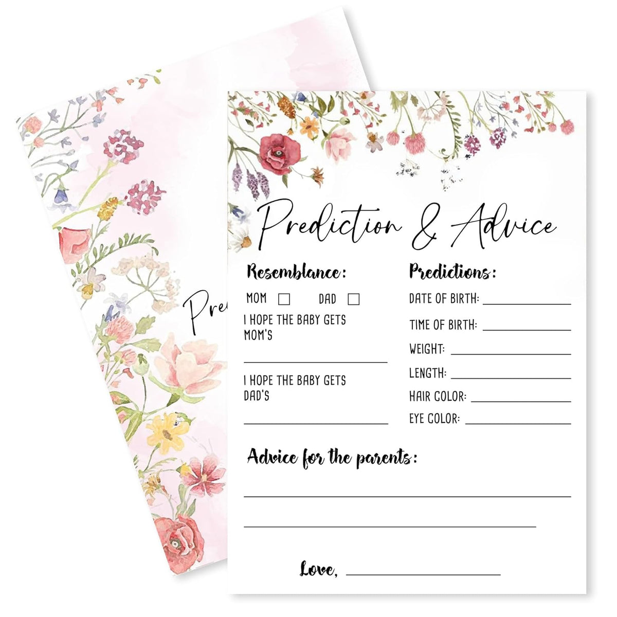 Floral Fill In Baby Shower Game Cards - Baby Prediction & Advice Game For Boys & Girls -Watercolor Flowers Baby Announcement Gender Reveal Baby Shower Party Activities For New Parents To Be - B01